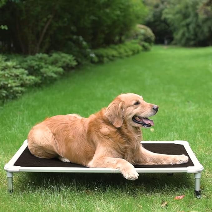 Veehoo Chew Proof Elevated Dog Bed - Cooling Raised Pet Cot - Silver Aluminum Frame and Durable Textilene Mesh Fabric, Unique Designed No-Slip Feet for Indoor or Outdoor Use, Brown, Large, CWC2003