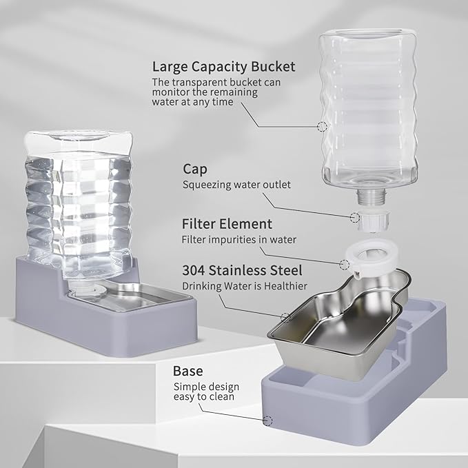Automatic Water Dispenser Large: Upgraded 100% BPA-Free 8L Light Gray Stainless Steel Bowl Gravity Waterer for Medium/Large Pets