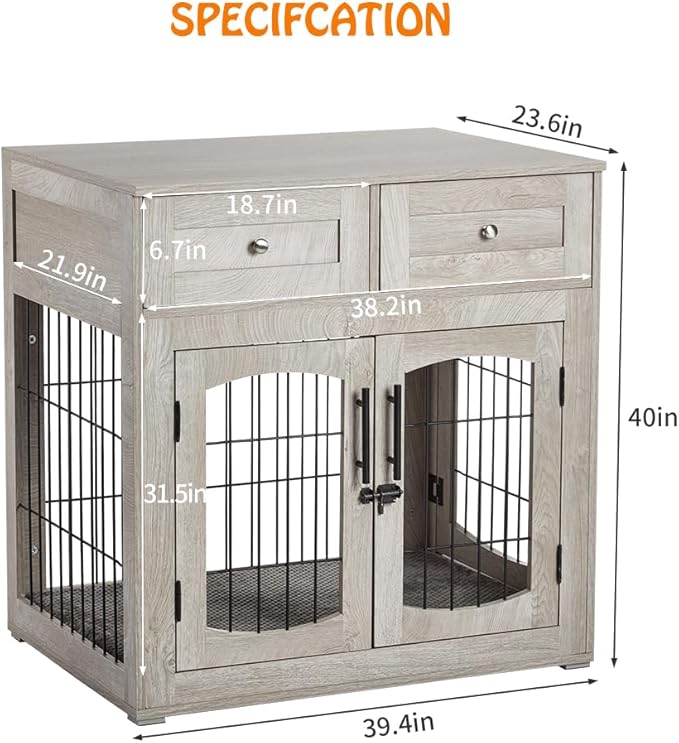 Dog Crate Furniture for Large Dogs, Wooden Dog Kennel Indoor with Double Doors, Dog Cage with Cushion & Drawers, Dog House Side End Table for Large Medium Dogs up to 70 lb, 39.4” L, Grey