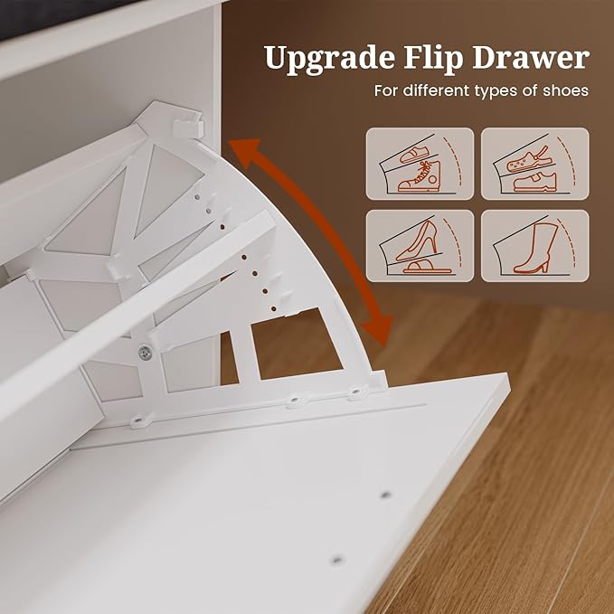 Farmhouse Storage Bench with Flip Drawers & Padded Seat Cushion, Half Hidden Shoe Rack Organizer, Adjustable Shelf Shoe Cabinet for Large Family, Entryway, Bedroom, Living Room (White)