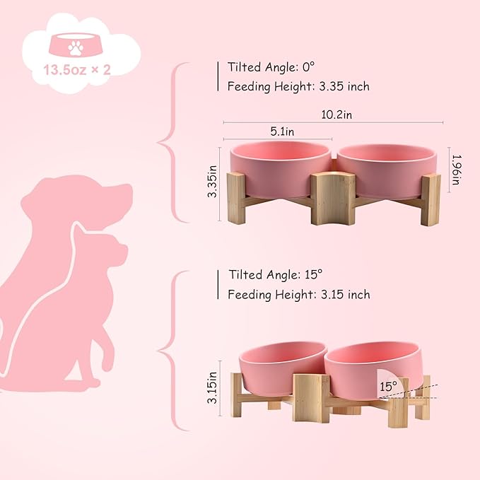 SPUNKYJUNKY 15° Slanted Ceramic Dog and Cat Bowl with Wooden Stand, Tilted Bulldog Food and Water Bowl No Slip Non-Spill for Cats Medium Dogs Big Face Pets 13.5 OZ (1.7 Cups, Pink × 2)