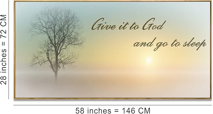 Lasdel Natural Extra Framed Canvas Wall Art of Misty Sunset & Tree Plant Picture For Bedroom Home Above Bed,White Country Wood Sign For Bathroom,Give It To God & Go to Sleep Artwork Decor,30x60