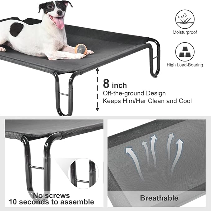 pettycare Elevated Outdoor Dog Bed - Raised Bed for Large Dogs, Waterproof Cot Easy to Assemble, Cooling Elevated Cot with Breathable Teslin Mesh, Durable, Non Slip, Up to 65 lbs,Black