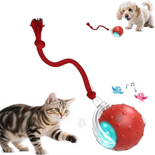 Interactive Cat Toys Ball - 2025 New Gen with Smart Obstacle Avoidance,Bird Chirps & Auto Wake-Up,Includes 1 Speedy Tail 2.0 Ropes, Ideal Kitten Toys for Bored Indoor Cats (Red)