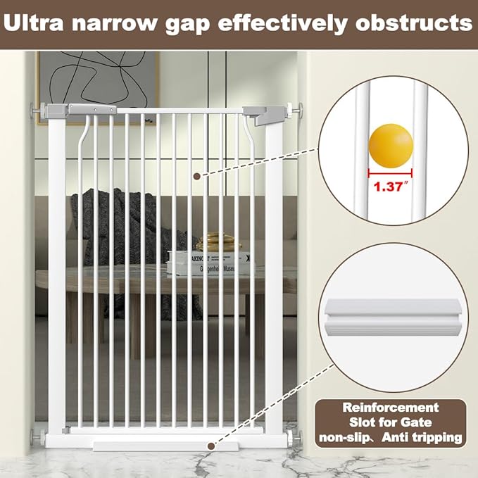 41" Extra Tall Baby Gate for Doorway, 32.6-40.5'' Metal Pet Baby Safe Gate, Extra Wide Pressure Mounted Child Door with Expansion Kit, No Drilling Cat Fence Indoor, No Climb Cat Proof Gate, White
