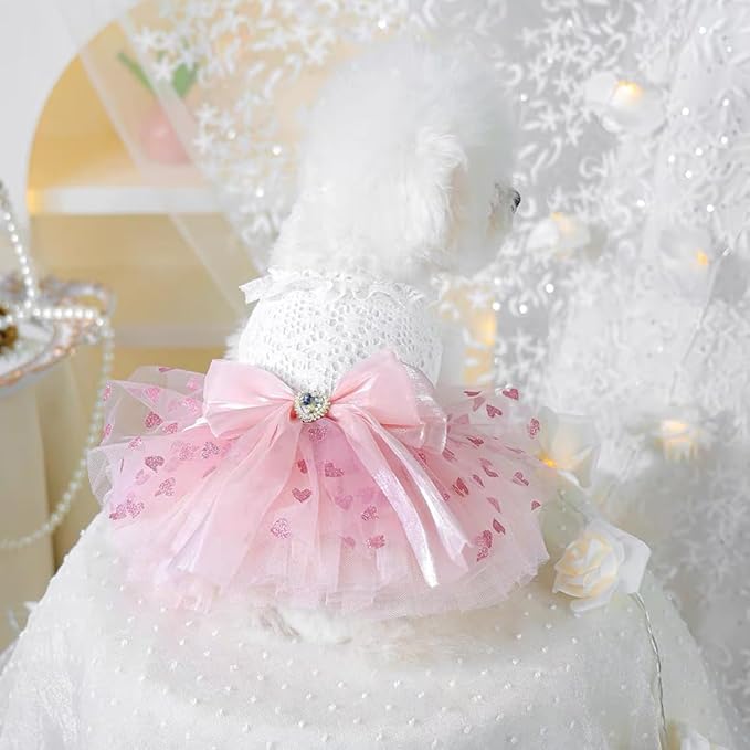 Pink Dog Dress for Small Dog Girl Spring Puppy Clothes with Bow Puff Sleeves Cat Outfit Doggy Princess with Leash Ring Doggies Harness Dress Summer Pet Apparel (Pink White, Medium)