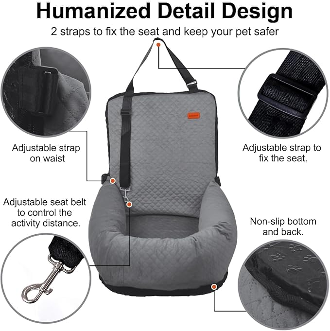 Dog Car Seat for Small Medium Dogs Up to 40lbs, Detachable Washable Soft Pet Booster Travel Bed for Front & Gray Seat with Safety Leash Belt