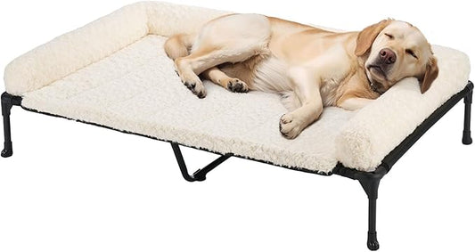 Veehoo Cooling Elevated Dog Bed Add Removable Deluxe Rose Plush Bolster Cushion Mat, 47" x 29" Washable Dog Couch Bed, Raised Pet Cot with Breathable Teslin Mesh, No-Slip Feet, White, CWC2439B