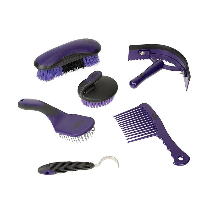Weaver Equine 6-Piece Horse Grooming Kit, Ergonomic Gentle Horse Care Kit, Equestrian Supplies for Bathing Support, Detangling, and More, Purple/Black