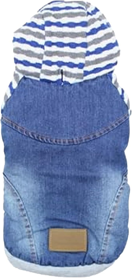 Parisian Pet Basic Dog Hoodie - Lightweight Denim Striped Sweatshirt With Leash Hole and Pockets - Blue Cotton Clothes for Medium Dogs - M
