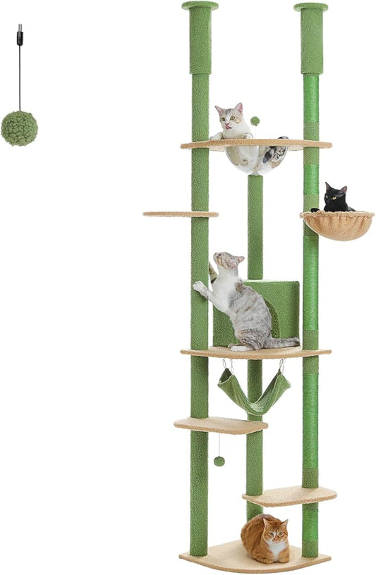 PEQULTI Floor to Ceiling Cat Tree 92.9’’-101.6’’ Height Adjustable Cat Tower Tall Kitty Climbing Play House with Scratching Posts, Cozy Condo, Perches and Large Hammock for Indoor Cats Green