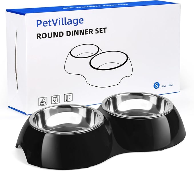 Stainless Steel Dog Bowls Set – Dual Non-Slip Pet Dishes with 2 Small (1 Cup*2) Bowls & Durable Resin Stand – Food & Water Feeder for Puppies, Cats, and Medium Dogs – Black