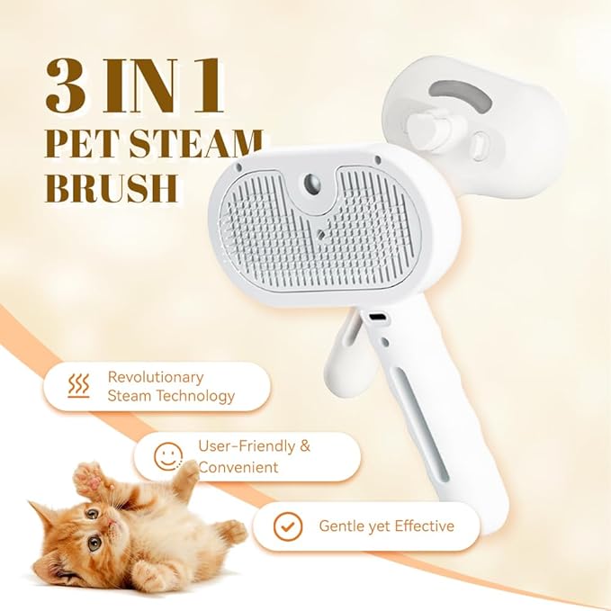 Cat Steam Brush, 3 in 1 Pet Spray Hair Removal Comb for Shedding & Grooming, Pet Grooming Brush with Spray, One-Click Release Button and Tank, Spritz Defur Comb for Cats Dogs, Effective(White)