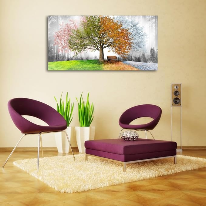 Jiuqinghua Canvas Prints Wall Art Decor Large Four Seasons Tree Picture 1 Panel Spring Summer Autumn Winter Tree Painting Artwork for Dining Room Kitchen Home Decor Stretched and Framed Ready to Hang