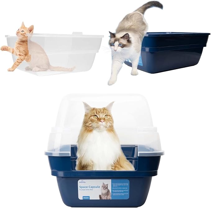 Petfamily Cat Litter Box, Large Foldable Jumbo Hooded Cat Litter Box with Transparent Lid (Navy Blue)