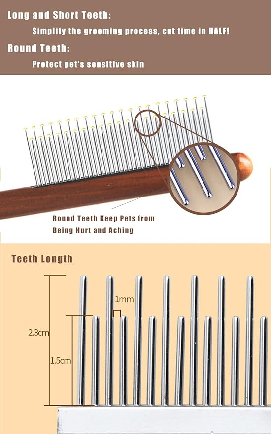 Dog Cat Comb with Solid Wood Handle Stainless Steel Teeth, Professional Pet Grooming Supplies Accessories Perfect for Honghair Hairy Pets