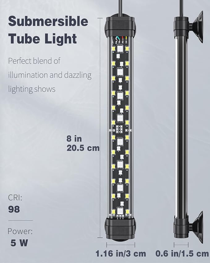 Pawfly 5 W Aquarium LED Light 8 Inch 24/7 Fish Tank Light with Full Spectrum Brilliant White Blue Red Green Lights Multi-Colored LEDs with D/N Mode Single Color Effects Timer and Adjustable Brightness