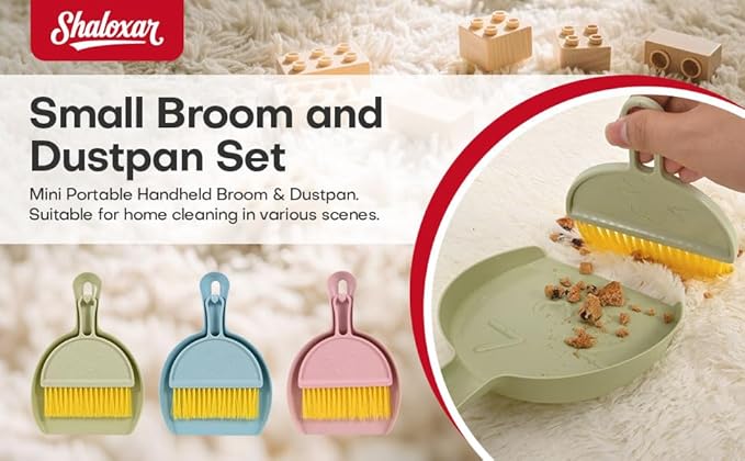 Small Broom and Dustpan Set,mini Compact Portable, for Home, Sofas, Kitchen countertops, Storage Shelves, Office desks, bathrooms, and pet Areas (Green)