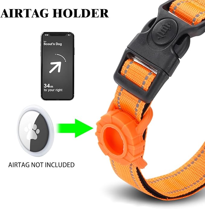 JSXD AirTag Dog Collar, Night Reflective Nylon Dog Collar for Small Medium Large Dogs,Lockable Quick Release Buckle,Padded Breathable Pet Collar with AirTag Holder (Orange, Small)