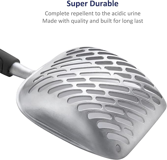WePet Cat Litter Scoop, Aluminum Alloy Sifter, Kitty Metal Scooper, Deep Shovel with Diagonal Sifting Hole, Long Handle, Kitten Poop Lifter for Litter Box, Large Size, Black Handle