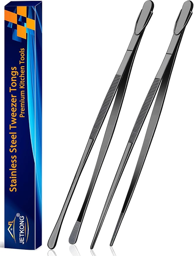 JETKONG 2 Pcs 14-Inch Food Tweezer Tongs Extra Long Stainless Steel Kitchen Tweezer Cooking Tweezers (Black)