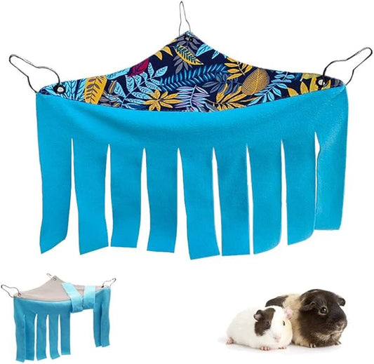 RIOUSSI Guinea Pig Hideout Hideaway Corner Fleece Toys Cage Accessories with Reversible Sides, Blue Leaves