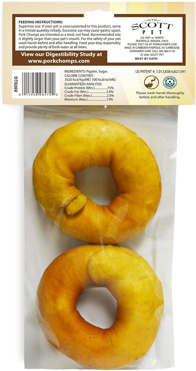 Pork Chomps Roasted Pork Skin Dog Chews, 3-inch Donuts, 2 Count (Pack of 2)