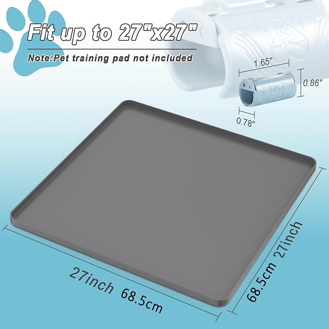 Pee Pad Tray Holder for Dog,Silicone Dog Puppy Pad Holder, 27" x 27" No Spill Raised Lip High Edge,Portable Large Leak-Proof Mat Holder for Pet Training Pads,Square Potty Trays 6 Complimentary Clamps