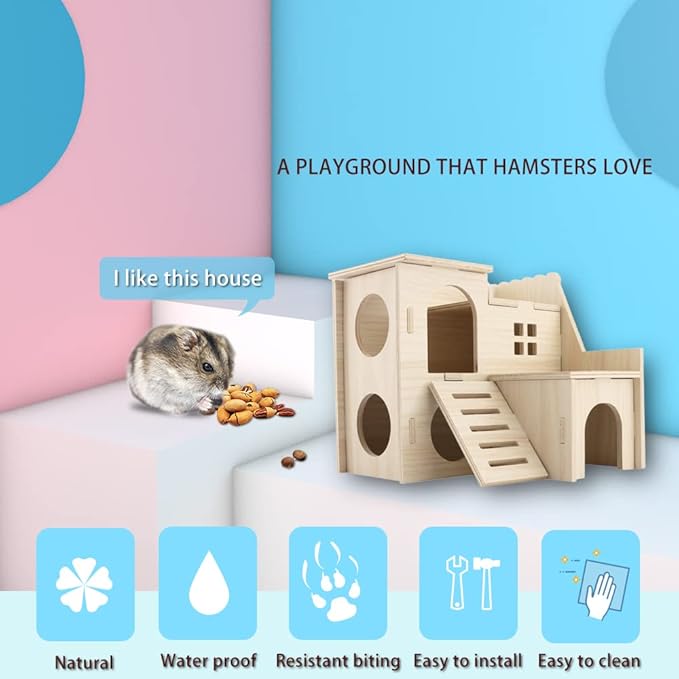 Tiny Hamster Maze Wood House Fun Slide House Double-Decker Hut for Dwarf Gerbil Mouse Mice Rat Small Animals(Only for Small Hamster)