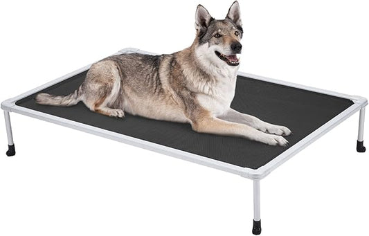 Veehoo Chewproof Elevated Dog Bed - Cooling Raised Pet Cot, Breathable Mesh, Washable & Non-Slip for Large Dogs, Indoor/Outdoor, Black Mat and Silver Metal Frame, 49x33inches (Model CWC2203B03)
