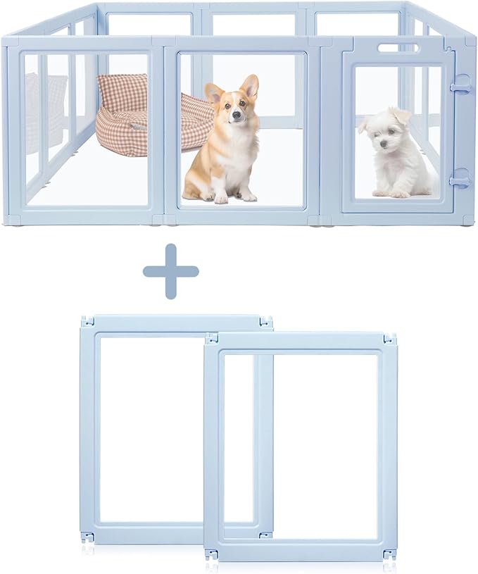 DIY Clear Acrylic Dog Playpen House,Quick Easy Assembly and Disassembly,Strong Floor Suction,Indoor and Outdoor Use,Easy Cleansing Puppy Fence (Sky Blue, 23.6" H, 2PCS)