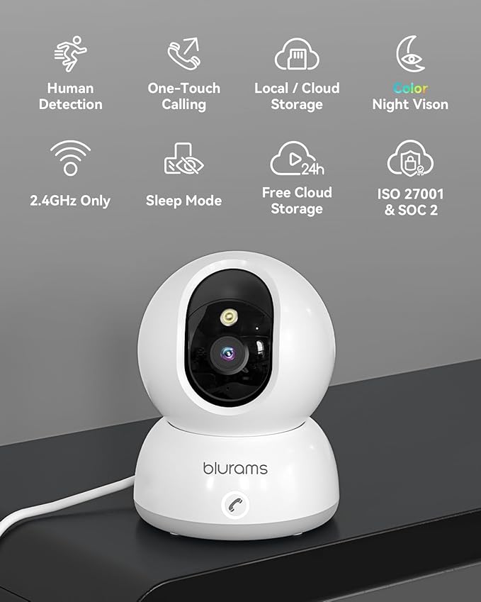 blurams 2K Pet Camera, Cameras for Home Security with One-Touch Call, Indoor Camera w/Color Night Vision, Motion Tracking, Cloud & SD Card Storage (2Pack)