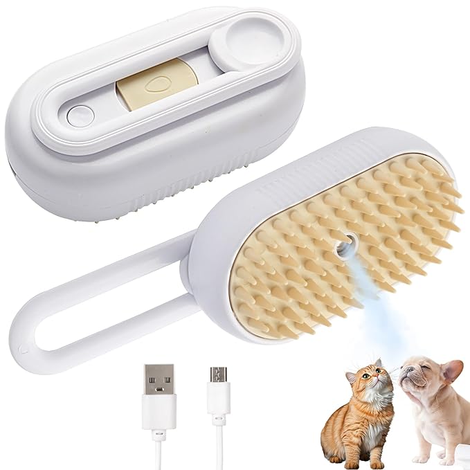 Cat Steam Brush for Shedding,4 in 1 Pet Spray Hair Removal Comb,Anti-Static,Type-c Rechargeable,Self-Cleaning,Grooming,Massage,360°Rotating Arm for Easy Storage,Suitable for All Pets(White)