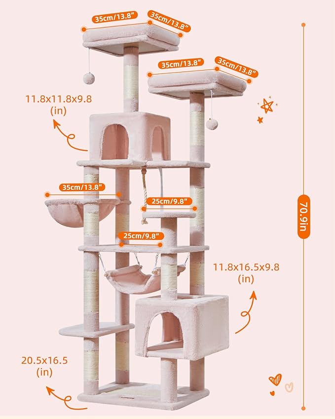 Taoqimiao Cat Tree, 71-Inch Cat Tree Cat Tower for Indoor Cats, Plush Multi-Level Cat Condo with 10 Scratching Posts, 2 Perches,Basket, 2 Caves,Hammock, 2 Pompoms,MS020P Jelly Pink