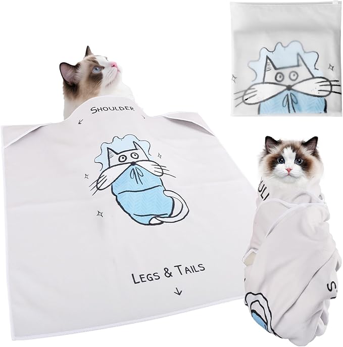 Cat Grooming Wrap: Premium Cat Wrap for Cutting Nails 2025 Thicker Upgraded, Self-Adherent Texture Hand Pocket Designed for Anti-Bite/Scratch, Eco-Friendly Dyed Funny Instruction & Pattern (Size L)