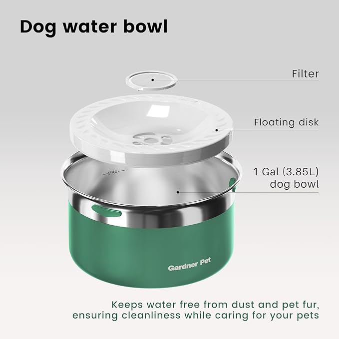 Gardner Pet Dog Bowls 1 Gallon (3.85L) Stainless Steel No Spill Dog Water Bowl, Slow Water Feeder Metal Bowls, Spill Proof Water Dispenser for Large Dogs, Promotes Healthy Hydration