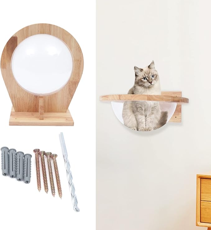 Wooden Cat Hammock, Clear Space Capsule Cat Bed, Wall-Mounted Kitten Walls Shelves Kitty Beds Small Pets Beds, Cats Toy Perch House for Sleeping, Playing, Climbing and Lounging