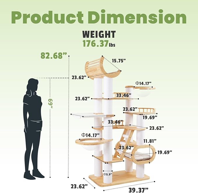 82.7'' Large Cat Tree, Modern Cat Tower with Scratching Post, Luxury Cat House, Wood Cat Tree for Indoor Cats Large Adult, Multi-Level Activity Center with Hammock, Clear Bowl, Semi-Closed Condo