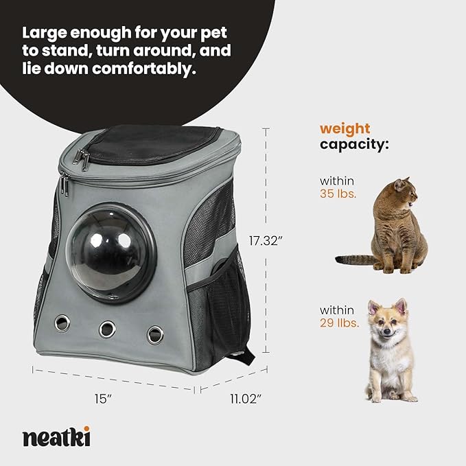 Cat Backpack Carrier, Airline Approved, Space Capsule Bubble Design, Ideal for Cats & Dogs up to 28-35 lbs, with Strong Straps, Safety Zippers, Mesh, Comfortable for Hiking & Travel (Grey)