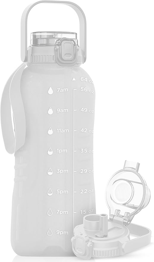 AQUAFIT 64 oz Water Bottle with Time Marker - 2in1 Straw & Chug Lid - BPA Free Big Water Bottle with Straw - Gym Water Bottle with Strap - Water Jug (64 Ounces, Frosty)