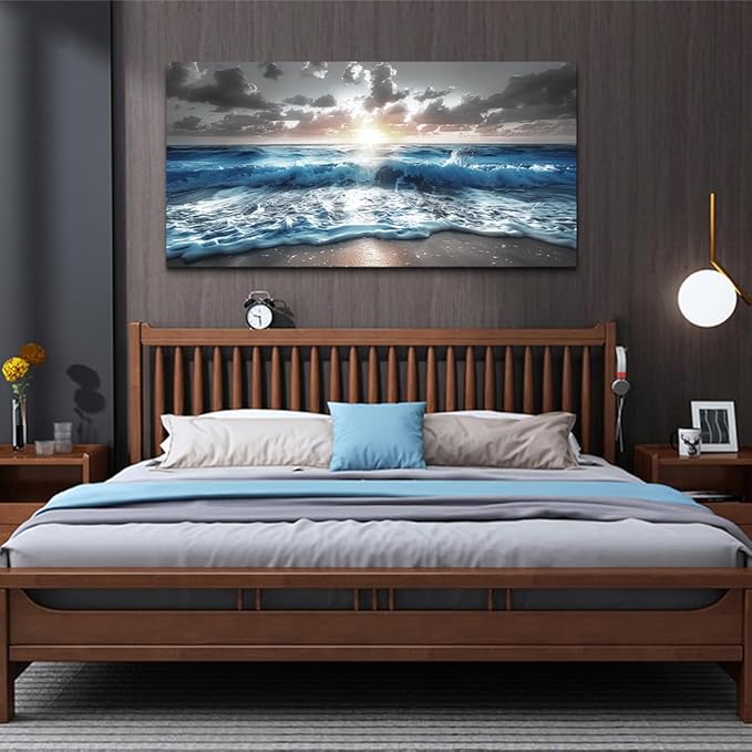 hyidecorart Canvas Wall Decor For Office Large Wall Art For Living Room Blue Beach Painting Sea Waves Sunshine Wall Pictures Bedroom Home Decorations Prints Posters Mural Artwork Ready To Hang