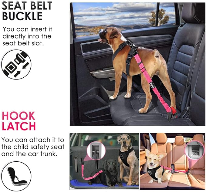 SlowTon 2 Pack Dog Seat Belt, 2 in 1 Attachment, Hook Latch Bar or Seatbelt Buckle with Elastic Nylon Bungee Buffer Adjustable Reflective Nylon Safety Belt Tether Connect to Dog Harness (2pack-FL)