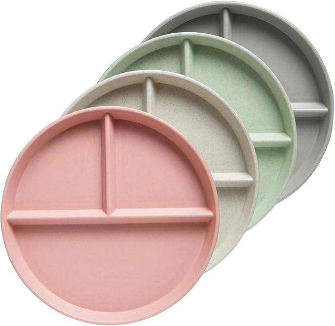 greenandlife 10 Inch 4PCS Unbreakable Portion Control Plates, Divided Plates for Kids Adults, Dishwasher & Microwave Safe Compartment Plate, Lightweight Reusable Wheat Straw Plate, BPA Free