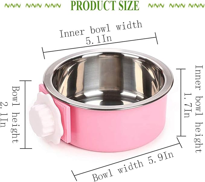 kathson Crate Dog Bowl, Removable Stainless Steel Hanging Pet Cage Bowl Food & Water Feeder Coop Cup for Cat, Puppy, Birds, Rats, Guinea Pigs 6pcs(2×Blue,2×Green,2×Pink)