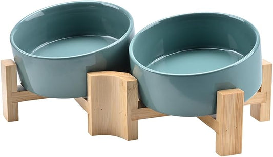 SPUNKYJUNKY 15° Slanted Ceramic Dog and Cat Bowl with Wooden Stand, Tilted Bulldog Food and Water Bowl No Slip Non-Spill for Cats Medium Dogs Big Face Pets 13.5 OZ (1.7 Cups, Light Green × 2)