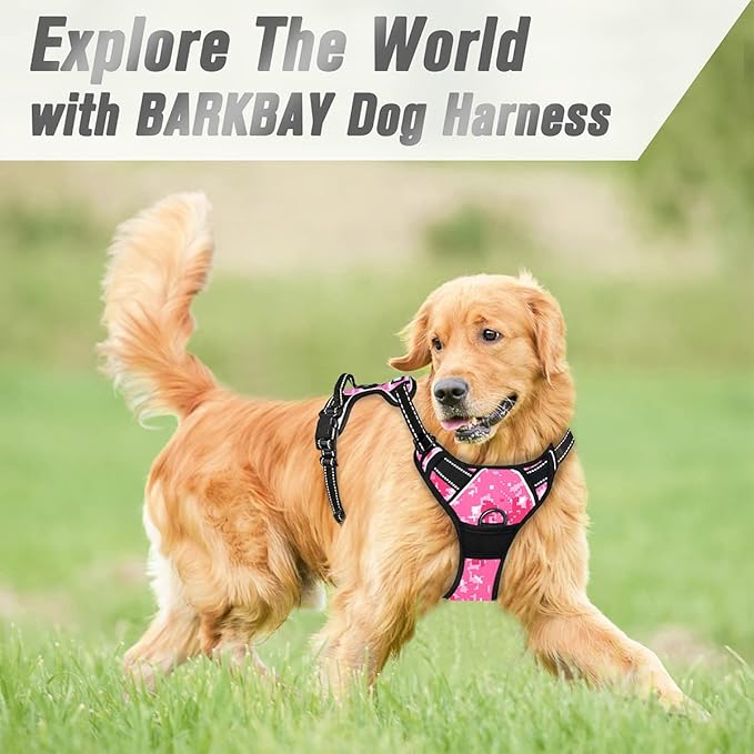 BARKBAY No Pull Dog Harness Front Clip Heavy Duty Reflective Easy Control Handle for Large Dog Walking(Pink camo,M)
