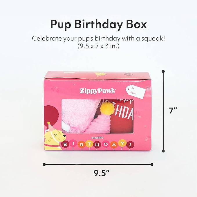 ZippyPaws Birthday Box - Dog Squeaky Toys to Keep Them Busy, Funny Food Plush for Small, Medium, & Large Dogs, Cute Stuffed Puppy Toy & Hat, Pet Products, Gift for Dogs of All Breeds - 3-Pack, Pink