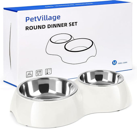 Double Dog Bowls Set – Non-Slip Pet Food & Water Dishes with Resin Stand, Includes Small (1 Cup) & Medium (2 Cups) Bowls – Ideal for Puppies, Cats, and Medium Dogs – White