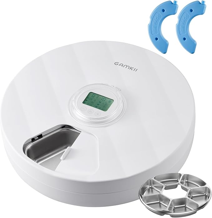 Automatic Cat Feeder Wet Food, Battery Operated Auto Feeder with 2 Ice Packs, Digital Cordless Pet Fresh Food Bowl with Timer and Memory Function for Cats Small Dogs (6-Meal Stainless Steel)