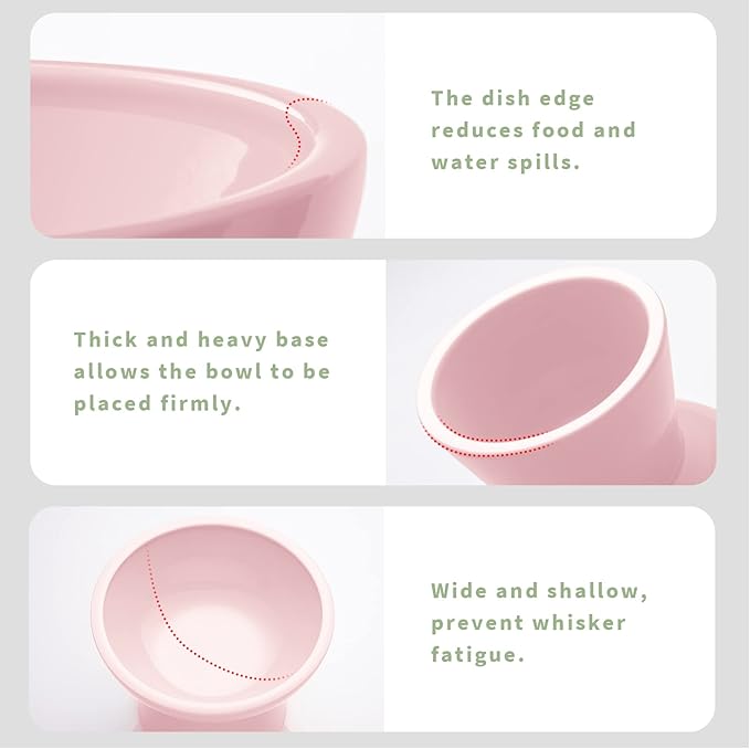 Extra Wide Elevated Ceramic Cat Bowl, 6.2" Shallow Dish for Whisker Fatigue Relief, 5" Height for Easy Feeding, Durable Raised Cat Food Bowls, Pack of 2, Pink